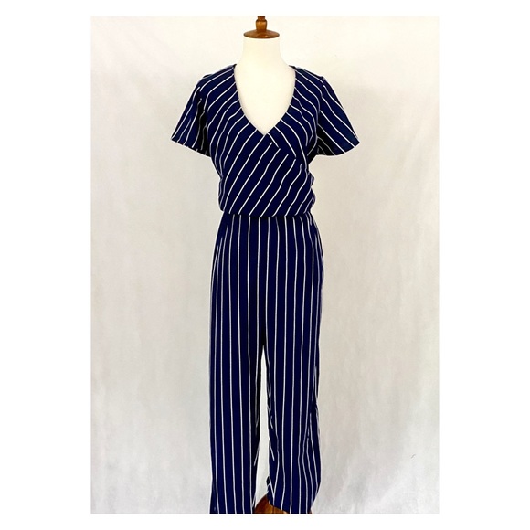 Toxik3 Pants - Toxik3 Faux Wrap Navy Striped Knit Jumpsuit